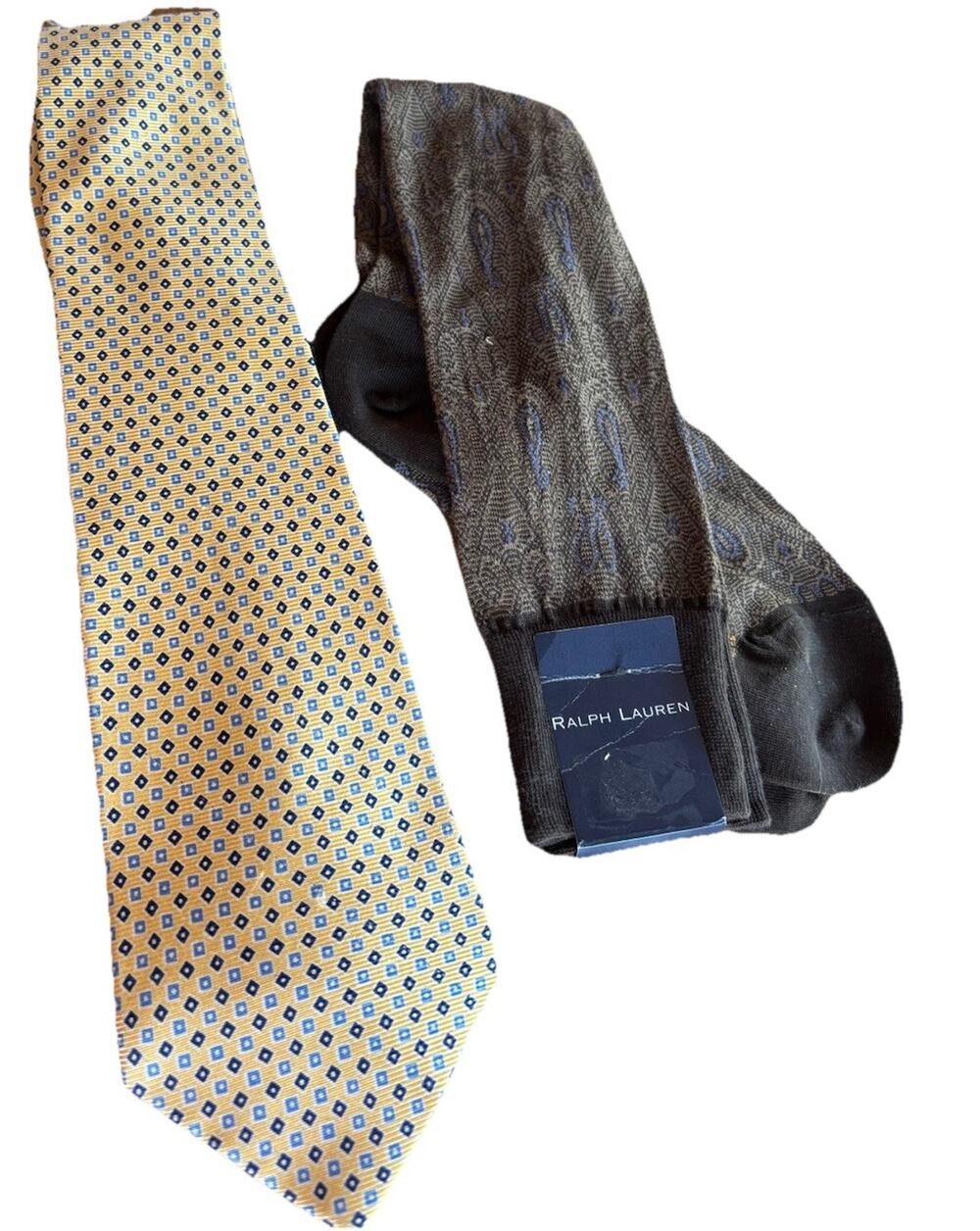 Ralph Lauren Men’s Socks NWT Brown Paisley Polk University Yellow Tie Silk
